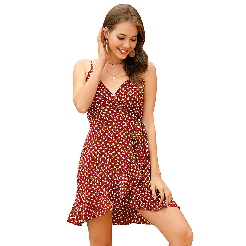 Ditsy Floral Wrap Mini Dress with V-Neck and Ruffle Hem