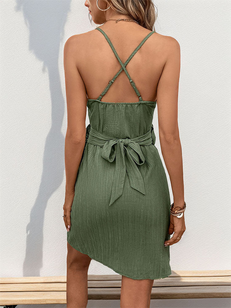 Textured Cami Wrap Mini Dress with V-Neck and Tie Detail