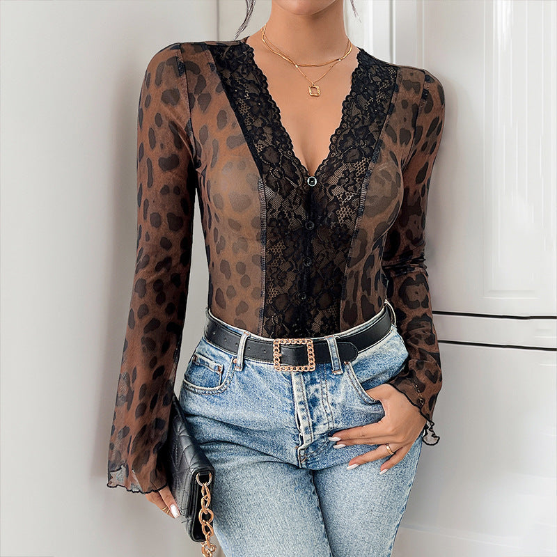 Leopard Print Mesh Bodysuit with Lace Patchwork and Bell Sleeves