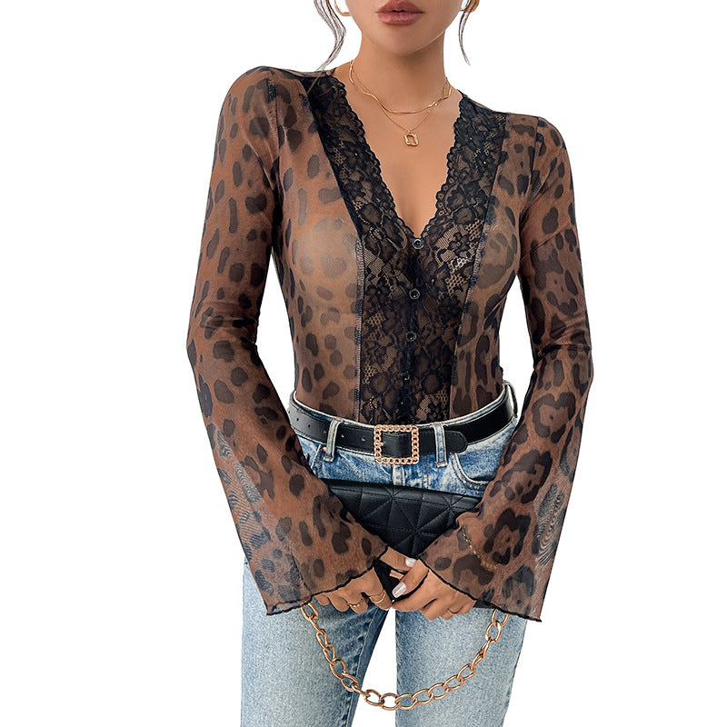 Leopard Print Mesh Bodysuit with Lace Patchwork and Bell Sleeves