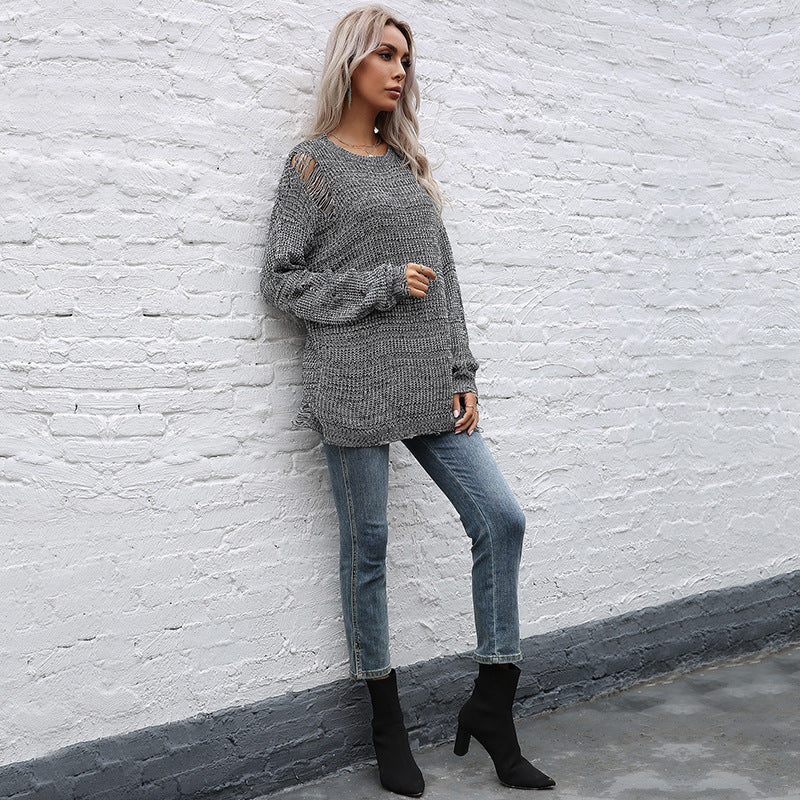 Loose Mid-Length Crewneck Sweater with Distressed Detail