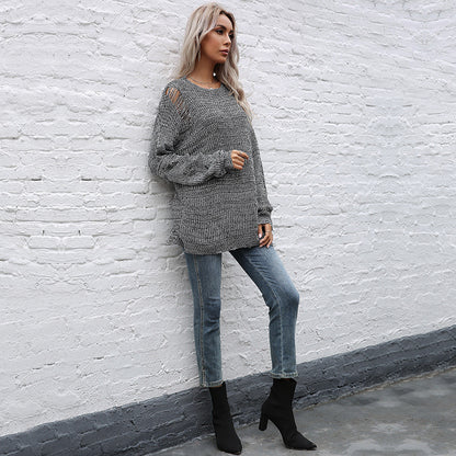 Loose Mid-Length Crewneck Sweater with Distressed Detail