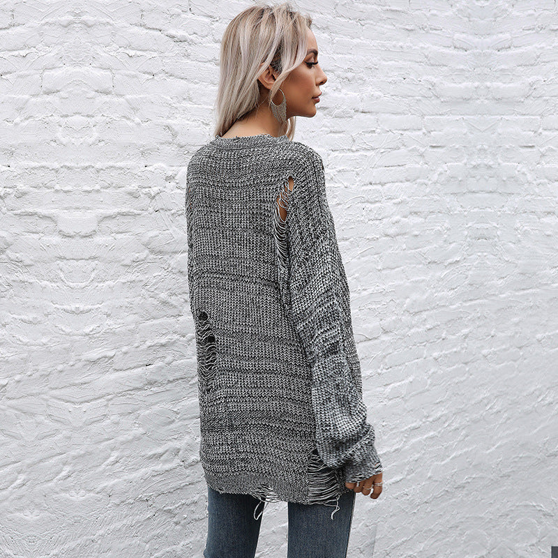 Loose Mid-Length Crewneck Sweater with Distressed Detail