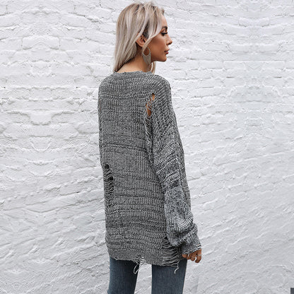 Loose Mid-Length Crewneck Sweater with Distressed Detail