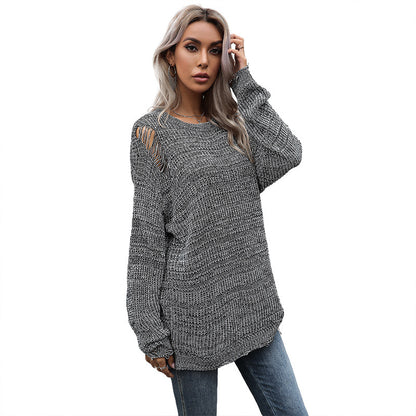 Loose Mid-Length Crewneck Sweater with Distressed Detail