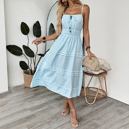 A-Line Striped Midi Dress with Spaghetti Straps and Shirred Waist