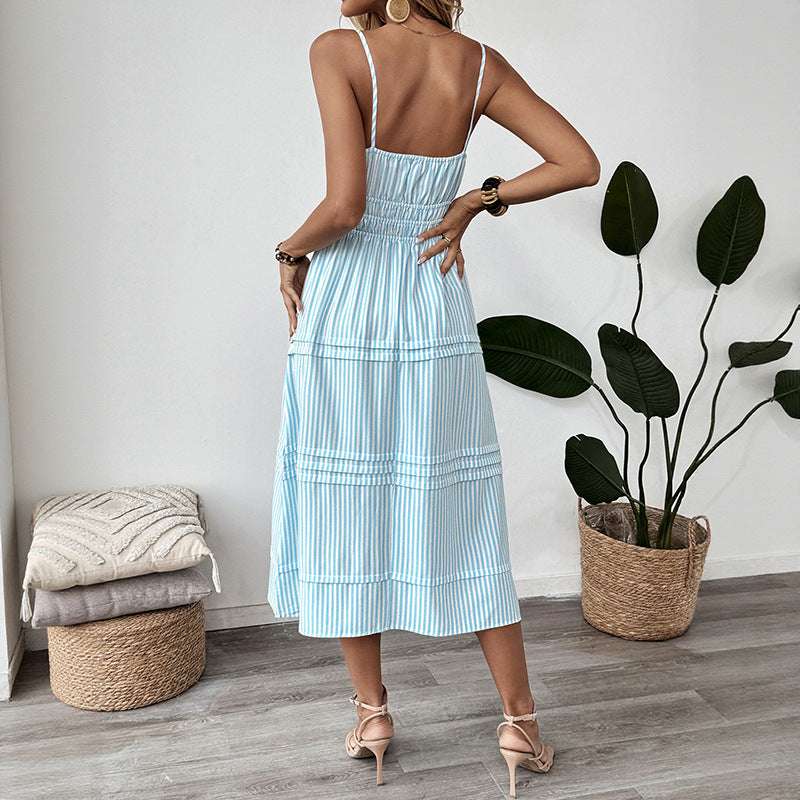 A-Line Striped Midi Dress with Spaghetti Straps and Shirred Waist