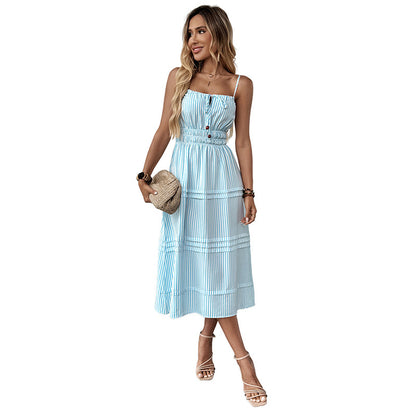 A-Line Striped Midi Dress with Spaghetti Straps and Shirred Waist
