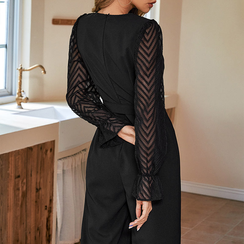 Wide-Leg Jumpsuit with Sheer Chevron Sleeves and V-Neck