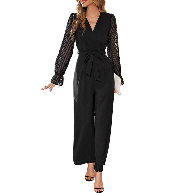 Wide-Leg Jumpsuit with Sheer Chevron Sleeves and V-Neck