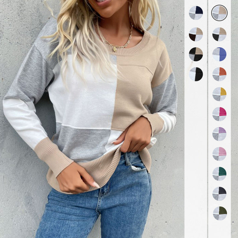 Contrast Color Patchwork Knitted Pullover with Round Neck