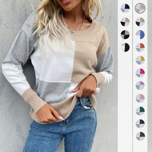 Contrast Color Patchwork Knitted Pullover with Round Neck