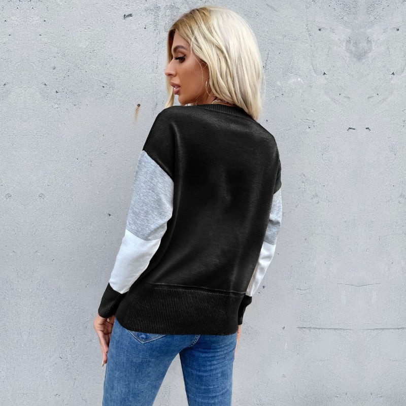 Contrast Color Patchwork Knitted Pullover with Round Neck