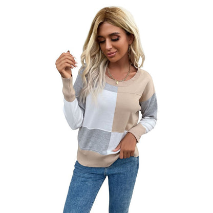 Contrast Color Patchwork Knitted Pullover with Round Neck