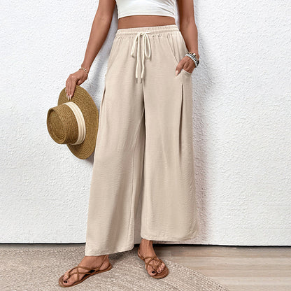 Loose Wide-Leg Trousers with Drawstring Waist in Crumpled Ice Silk