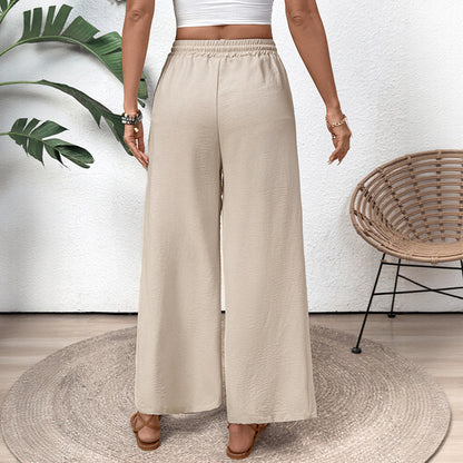 Loose Wide-Leg Trousers with Drawstring Waist in Crumpled Ice Silk
