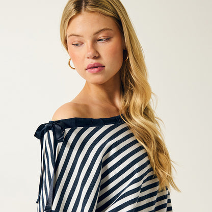Striped Off-Shoulder Sweatshirt with Bow Detail