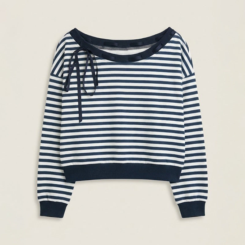 Striped Off-Shoulder Sweatshirt with Bow Detail