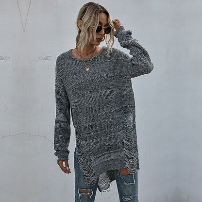 Long-Line Solid Knit Sweater with Distressed Sides