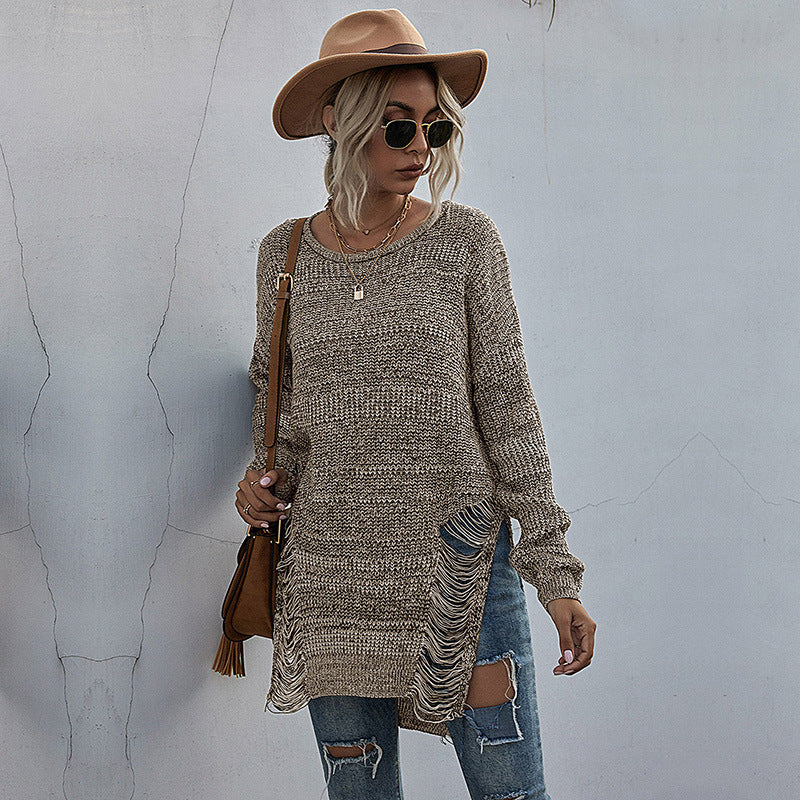 Long-Line Solid Knit Sweater with Distressed Sides