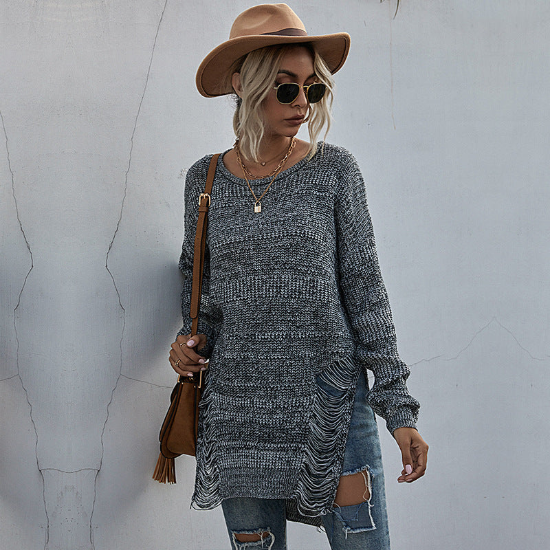 Long-Line Solid Knit Sweater with Distressed Sides