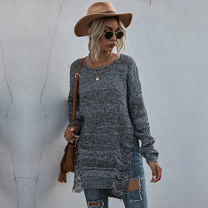 Long-Line Solid Knit Sweater with Distressed Sides