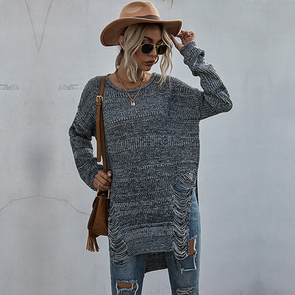 Long-Line Solid Knit Sweater with Distressed Sides