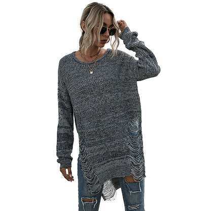 Long-Line Solid Knit Sweater with Distressed Sides