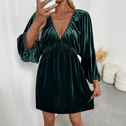 Velvet Mini Dress with Shirred V-Neck and Lantern Sleeves