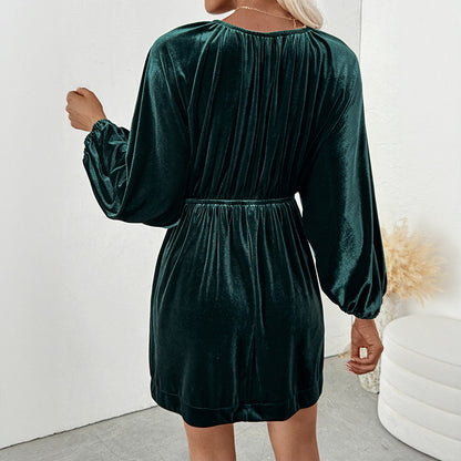 Velvet Mini Dress with Shirred V-Neck and Lantern Sleeves