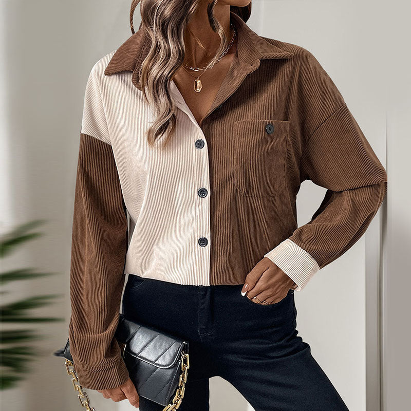 Color Block Corduroy Cardigan with Turn-Down Collar