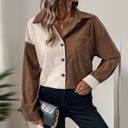 Color Block Corduroy Cardigan with Turn-Down Collar