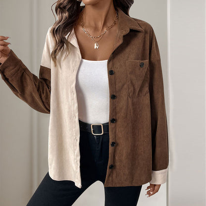Color Block Corduroy Cardigan with Turn-Down Collar