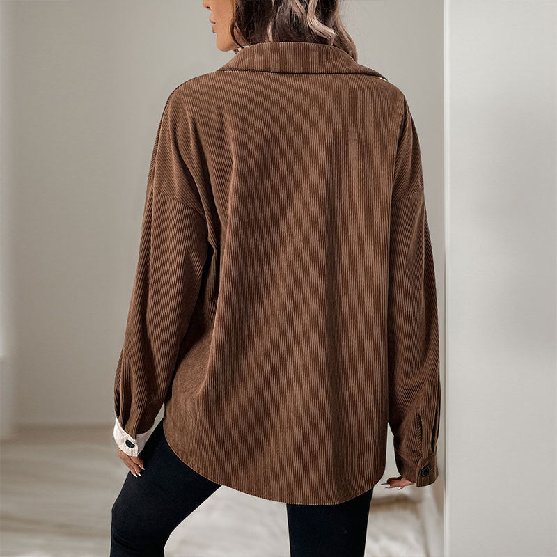 Color Block Corduroy Cardigan with Turn-Down Collar