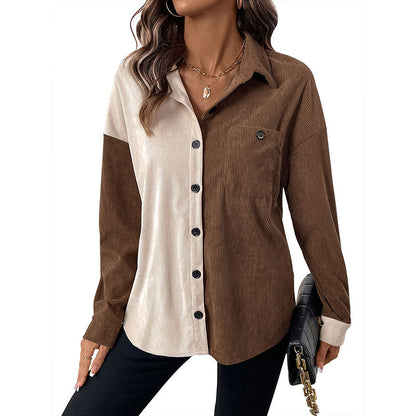 Color Block Corduroy Cardigan with Turn-Down Collar