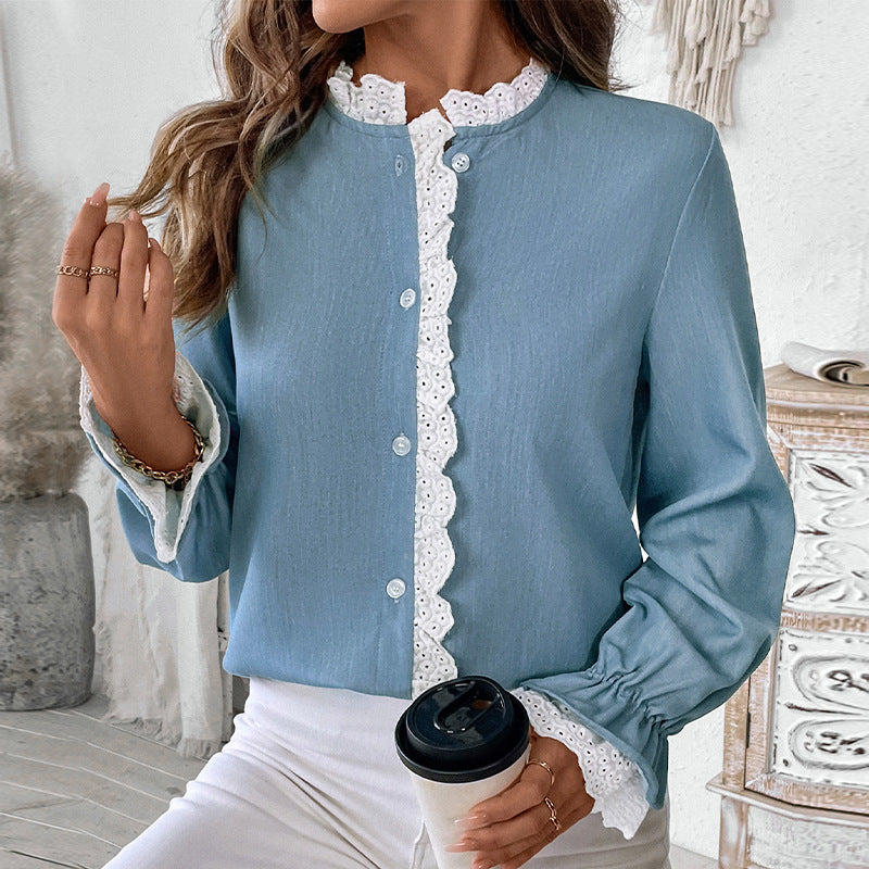 Solid Blue Cardigan Blouse with Lace Trim and Puff Sleeves