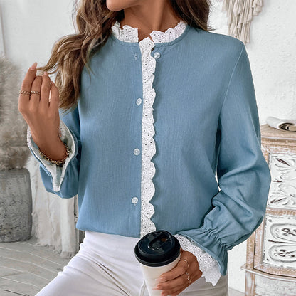 Solid Blue Cardigan Blouse with Lace Trim and Puff Sleeves
