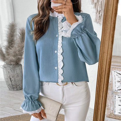 Solid Blue Cardigan Blouse with Lace Trim and Puff Sleeves