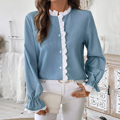 Solid Blue Cardigan Blouse with Lace Trim and Puff Sleeves