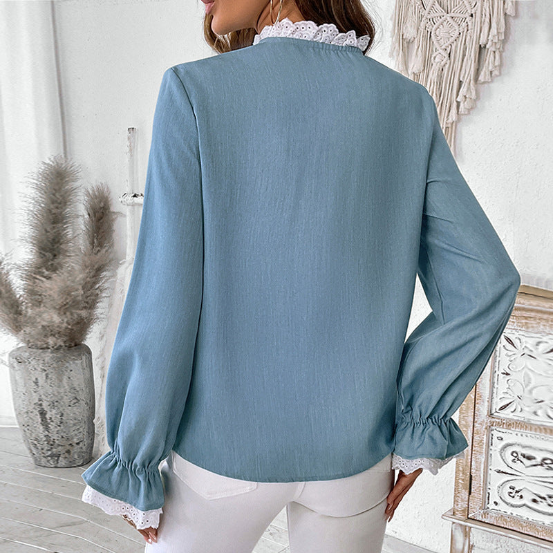 Solid Blue Cardigan Blouse with Lace Trim and Puff Sleeves