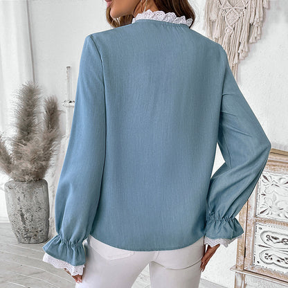 Solid Blue Cardigan Blouse with Lace Trim and Puff Sleeves