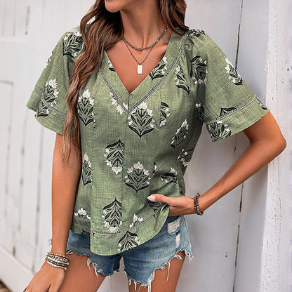 Plant Print Blouse with V-Neck and Flutter Sleeves