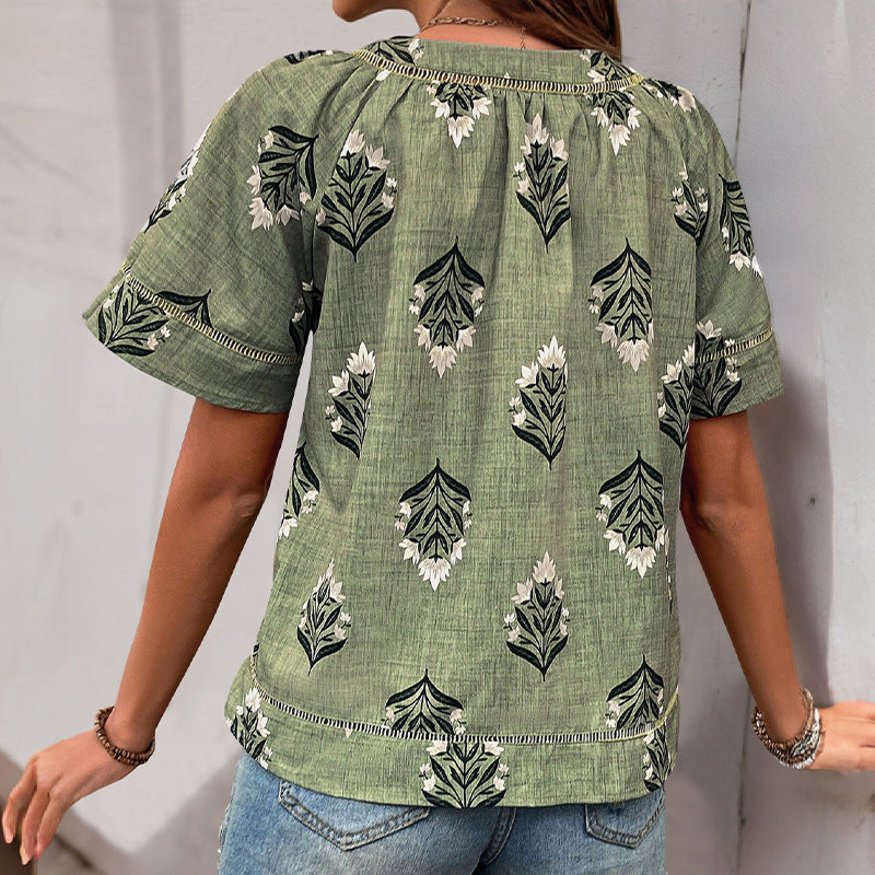 Plant Print Blouse with V-Neck and Flutter Sleeves