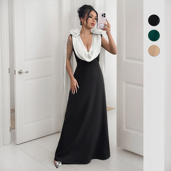 Color Block Maxi Dress with Draped V-Neck and Shoulder Detail