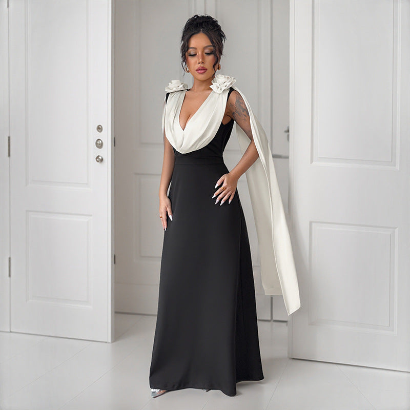 Color Block Maxi Dress with Draped V-Neck and Shoulder Detail
