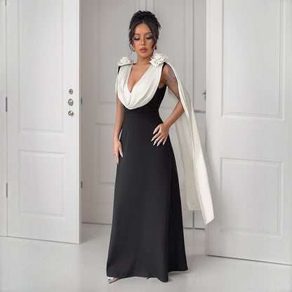 Color Block Maxi Dress with Draped V-Neck and Shoulder Detail
