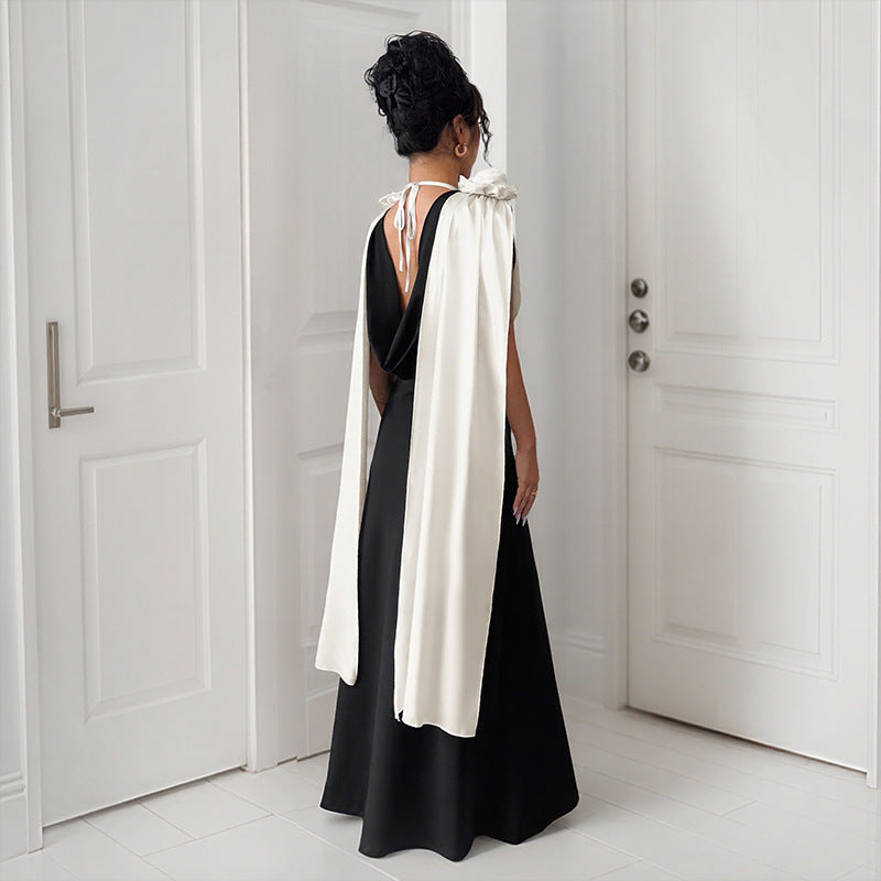 Color Block Maxi Dress with Draped V-Neck and Shoulder Detail