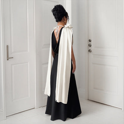 Color Block Maxi Dress with Draped V-Neck and Shoulder Detail