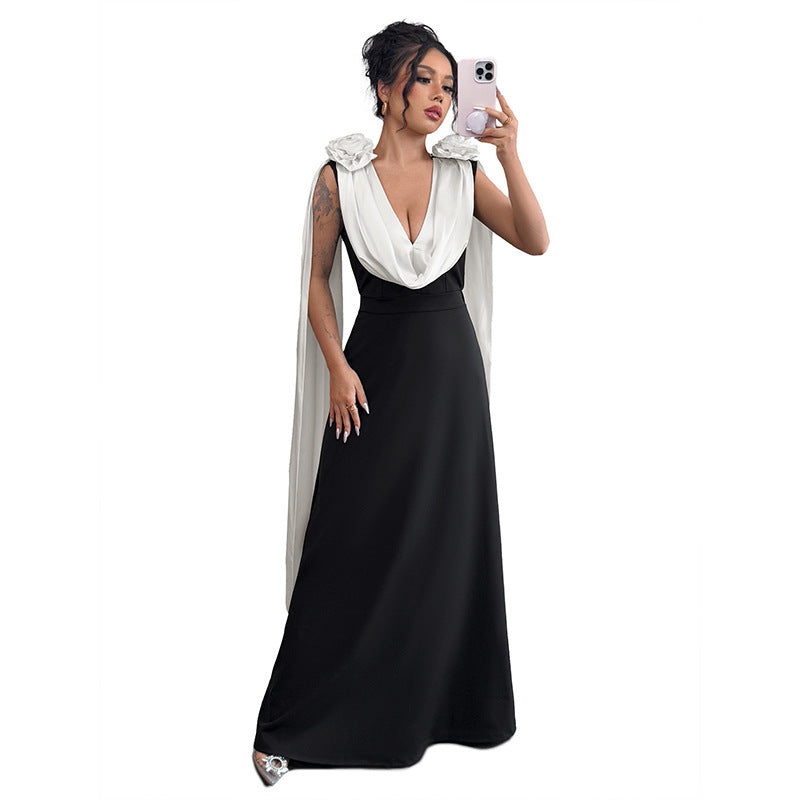 Color Block Maxi Dress with Draped V-Neck and Shoulder Detail