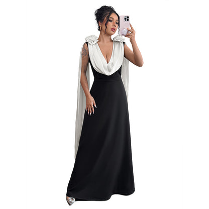 Color Block Maxi Dress with Draped V-Neck and Shoulder Detail